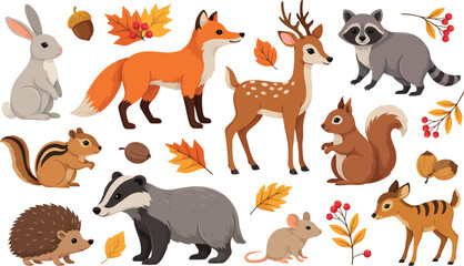 Cute Woodland Forest Animals and Autumn Leaves Vector Sticker Set for Thanksgiving Greetings Kids Crafts Nursery Decor and Educational Children Book Graphics © Armina