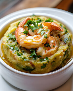 Puerto rican mofongo with shrimp in garlic sauce, caribbean dish