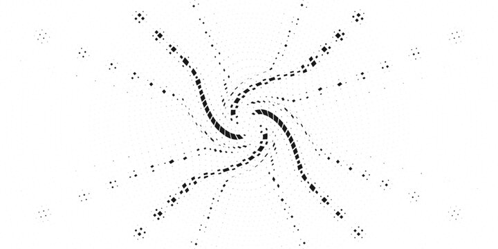 Abstract spiral pixel vortex pattern with rotating geometric square elements on white background