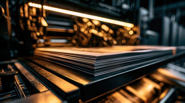 Stunning photo of Paper stacks in an industrial printing press. Represents commercial print media.