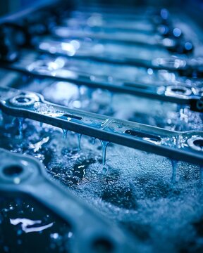 Medium shot capturing phosphate treatment on metal steering elements focusing on the chemical bath process that improves adhesion and rust prevention during automotive part