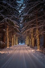 Naklejka premium Snowy Path Lined With Lights Under Trees During Evening in Winter