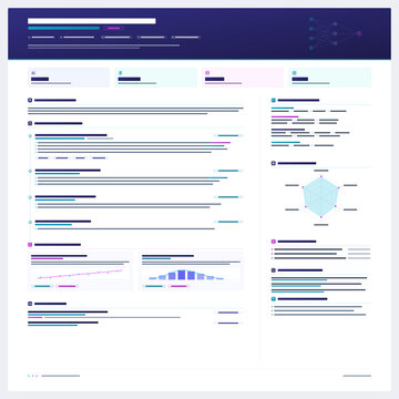 Advanced technical developer resume wireframe layout with vibrant purple highlights, data visualization bar charts, and a complex radar chart module
