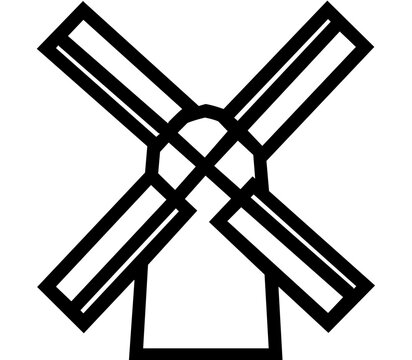 Clean flat vector line icon of a windmill with simple strokes, ideal for rural landmarks, heritage travel guides, farm themes, and architecture maps.
