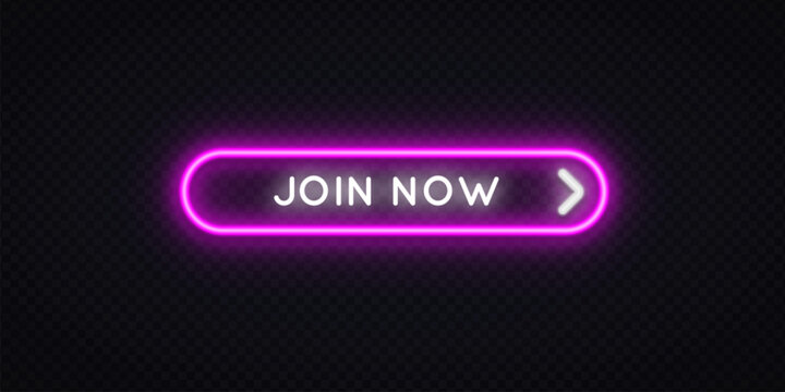 Neon pink glowing Join Now button with arrow on dark transparent background. Vibrant rounded CTA element for website, landing page or app design.