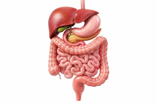 Human Digestive System Anatomy Showing Liver Stomach Pancreas and Intestines, Medical Gastrointestinal Illustration