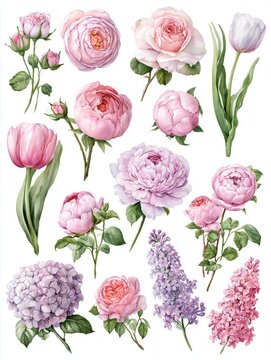 Hand drawn watercolor floral cluster featuring peony, rose, hydrangea, tulip, lilac, ranunculus, buds, foliage, and soft pastel petals arranged on white background for elegant decor projects