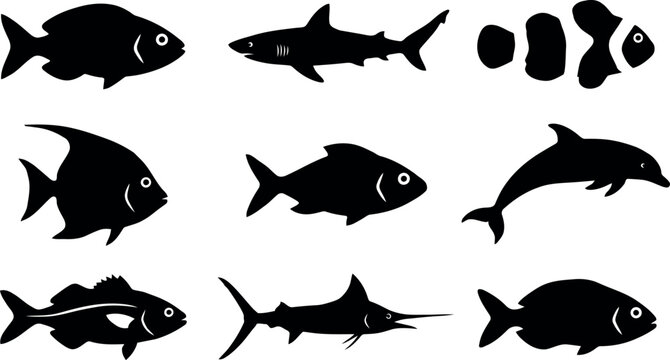 Sea Fish and Marine Animals Black Silhouette Vector Icon Set for Nautical Tattoos Ocean Conservation Graphics Fishing Logos and Underwater Wildlife Sticker Designs