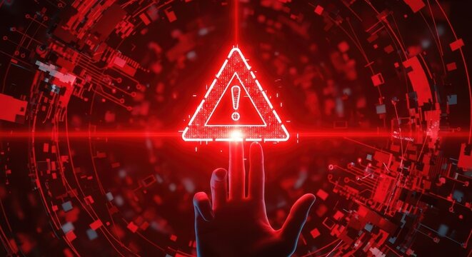 Hand touching glowing red cyber security triangle stock photograph