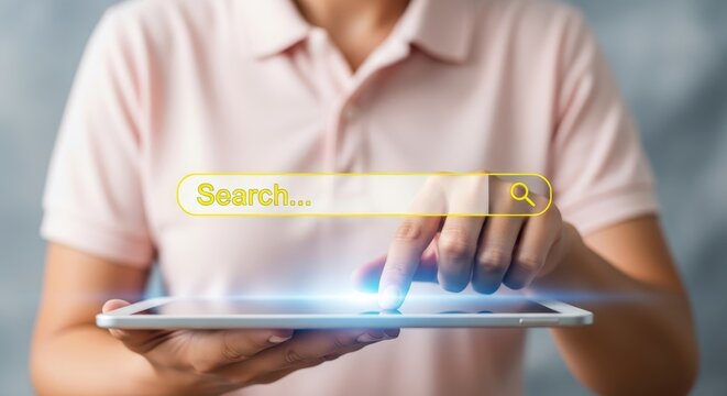 Digital search bar tablet interaction stock photograph