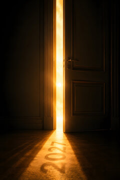 Bright light glowing through open door casting twenty twenty seven shadow on floor tiles.