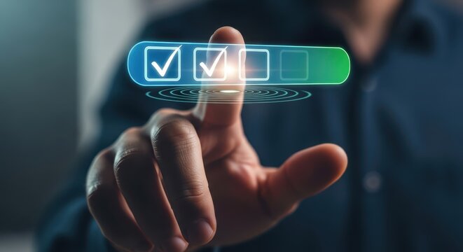 Hand selecting task completion checkboxes stock photograph