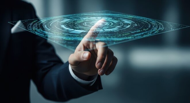 Professional interacting with virtual network interface stock photograph