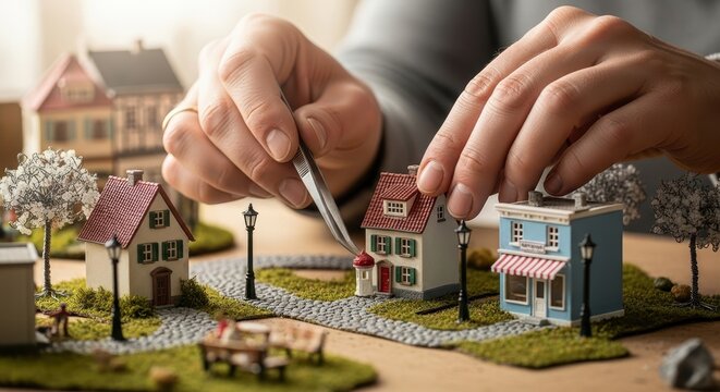 Hands placing miniature house model stock photograph