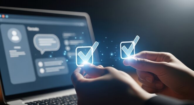 Finger touching glowing checkmark digital stock photograph