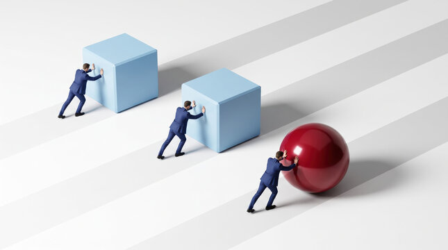 Business professionals pushing different geometric objects forward, symbolizing business growth, teamwork, problem solving, innovation, strategic thinking, collaboration and organizational success