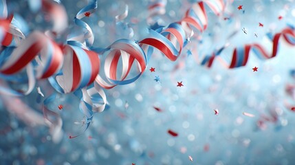 Fototapeta premium Red white blue ribbon curling through festive confetti with warm golden bokeh and soft summer glow for cheerful celebration, with ribbon, red, white, blue detail