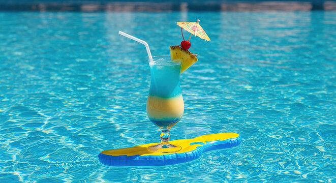 Tropical cocktail with pineapple garnish on inflatable pool float
