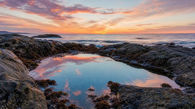 A rocky coastline tide pool mirrors pink sunset clouds over the ocean, suited for travel, nature, meditation, and coastal tourism promotions.