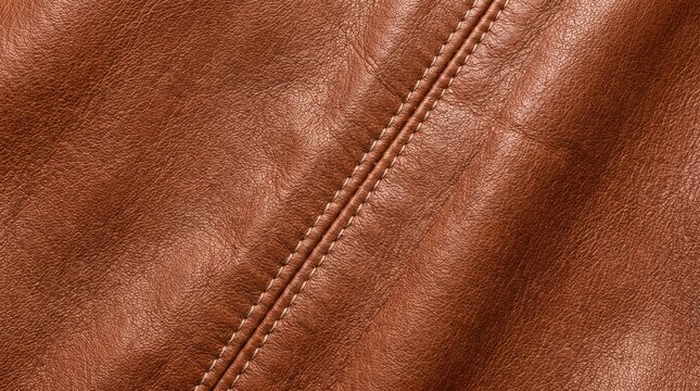 Detailed close up view of premium brown leather material featuring strong durable stitching lines running diagonally across the textured surface