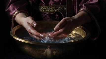 Adult hands washing in brass bowl with reflective water mirroring faint human figure, moody directional light, deep shadows, warm metal tones, intimate contemplative religious symbolism © neirfy