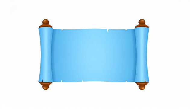 3D rendered illustration of a blank light blue antique paper scroll with brown wooden ends, set against a clean white background, perfect for announcements, invitations, or banners.