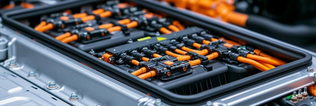 Closeup of a sealed underfloor highvoltage junction box being installed in an electric vehicle highlighting robust casing and secure connections for efficient energy transfer.