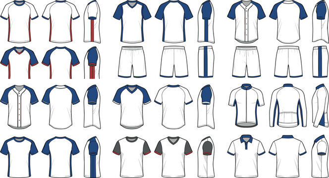 Customizable Blue and White Athletic Sportswear Technical Flat Sketch Vector Template Set for Team Jersey Uniform Designs