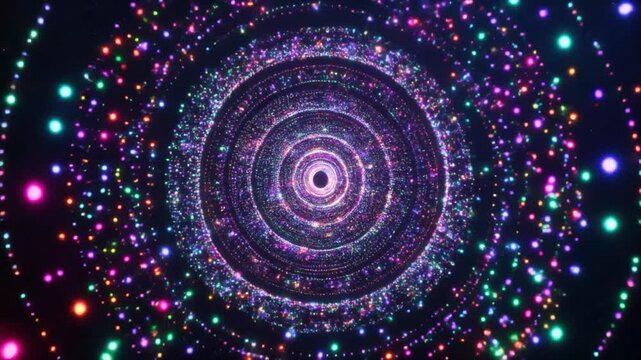Abstract swirling tunnel of colorful glowing particles in outer space with stars vortex