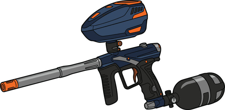 Paintball Marker Gun Vector Illustration with Hopper and Tank for Extreme Sports Gaming and Recreational Activity Graphics