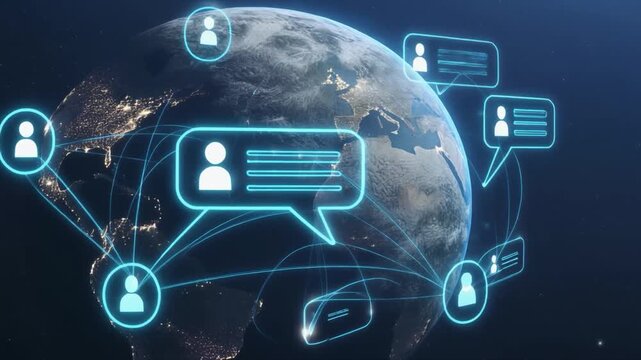 Earth with Glowing Network of Communication Lines and User Icons Representing Global Connectivity globe