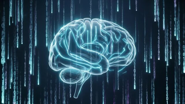 Glowing translucent human brain surrounded by falling binary code streams mind intelligence