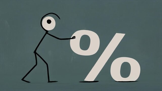 Stick figure pushing a large percentage symbol on a textured background finance