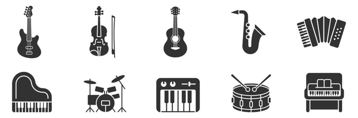 musical instruments vector icons set including bass guitar violin acoustic guitar saxophone accordion grand piano drum kit synthesizer snare drum and upright piano on transparent background © Наталья Перова