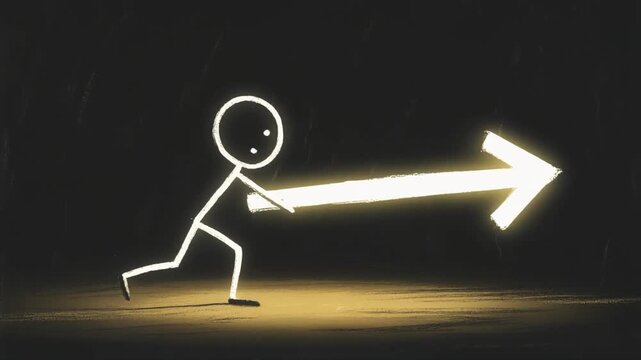 Simple white stick figure holding a glowing yellow arrow pointing to the right in a dark, textured environment