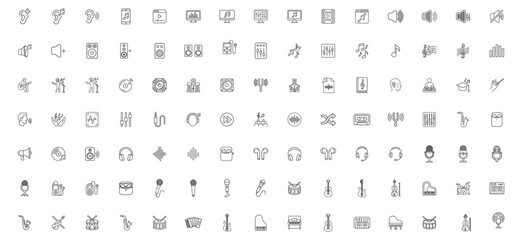 collection of thin line music and audio icons including instruments, headphones, microphones, speakers, sound waves, and playback controls on transparent background © Наталья Перова