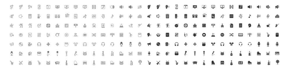music and sound icons set in black and outline style digital vector illustration for user interface and multimedia on transparent background © Наталья Перова