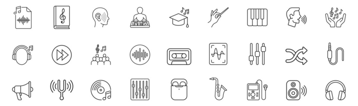 Set of music and sound line icons including headphones, cassette, saxophone, music notes, sound wave, and audio equipment on transparent background