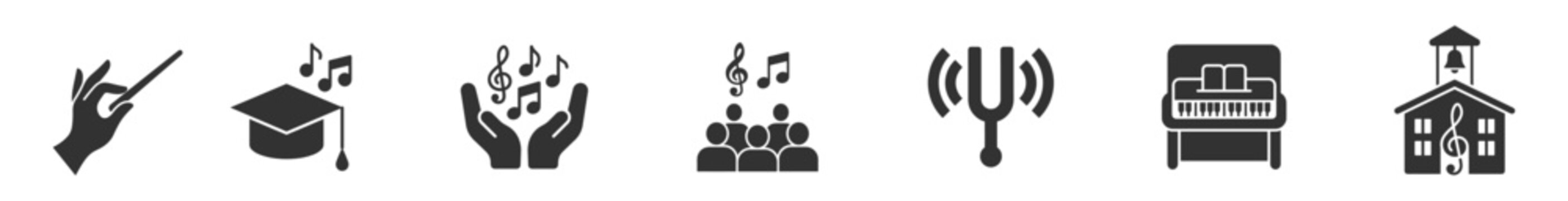 music icons set including conductor hand, graduation cap with music notes, hands holding music notes, choir group, tuning fork, piano, and music school building on transparent background