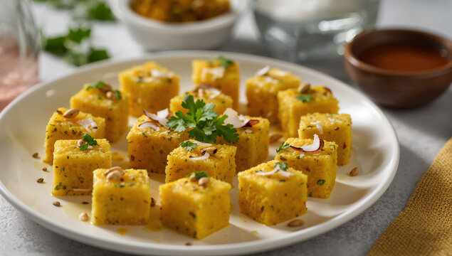 Plate of delicious khaman dhokla garnished with fresh cilantro and nuts vegetarian cilantro breakfast appetizer gujarati homemade traditional delicious culinary healthyfood restaurant