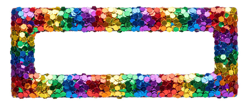 Rainbow glitter frame rectangular border with colorful shiny hexagonal confetti scale sequins isolated on a solid black background for festive party celebration and bright vibrant decorative mockup.