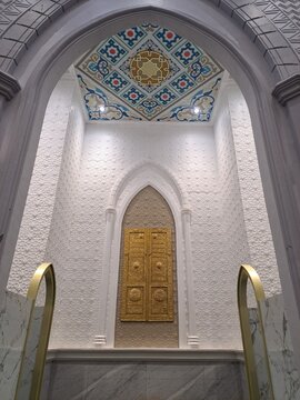 Beautiful Mihrab area with golden Kaaba door replica at Syahrun Nur Grand Mosque, Tapanuli Selatan, Indonesia.