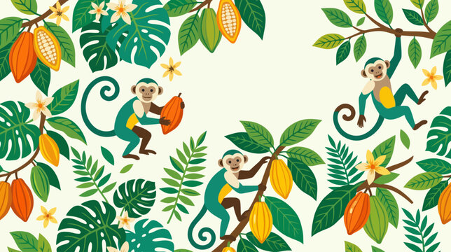 Colorful and Playful Monkey Illustration with Lush Tropical Foliage and Bright Cacao Pods