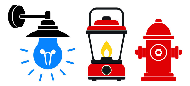 Set of icons featuring a light bulb, a lantern, and a fire hydrant