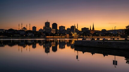 Fototapeta premium City prayer skyline at sunset with a spiritual urban landscape for meditation and faith. This night cityscape features a glowing