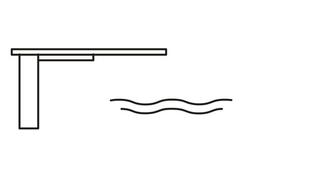 Clean flat vector line icon featuring a diving board for aquatic recreation, suited to pool rules, swim meet graphics, club apps, and fitness programs.