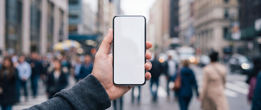 Hand holding blank smartphone mockup featuring a white screen, set against a blurred city street background with pedestrians, ideal for mobile app UI design presentation and advertising