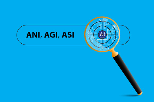 Magnifying glass focusing on artificial intelligence symbol. ANI, AGI and ASI Search Concept.