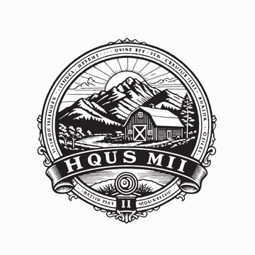 Vintage Mountain Landscape and Barn Medallion Emblem on Wavy Textured Background