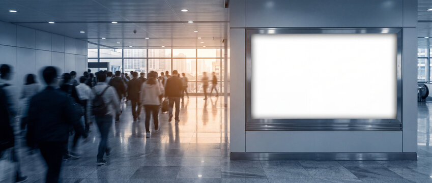 Blank billboard in crowded modern corridor showing blurred people walking past large windows with bright sunlight, ideal for advertising mockups in corporate or transit spaces
